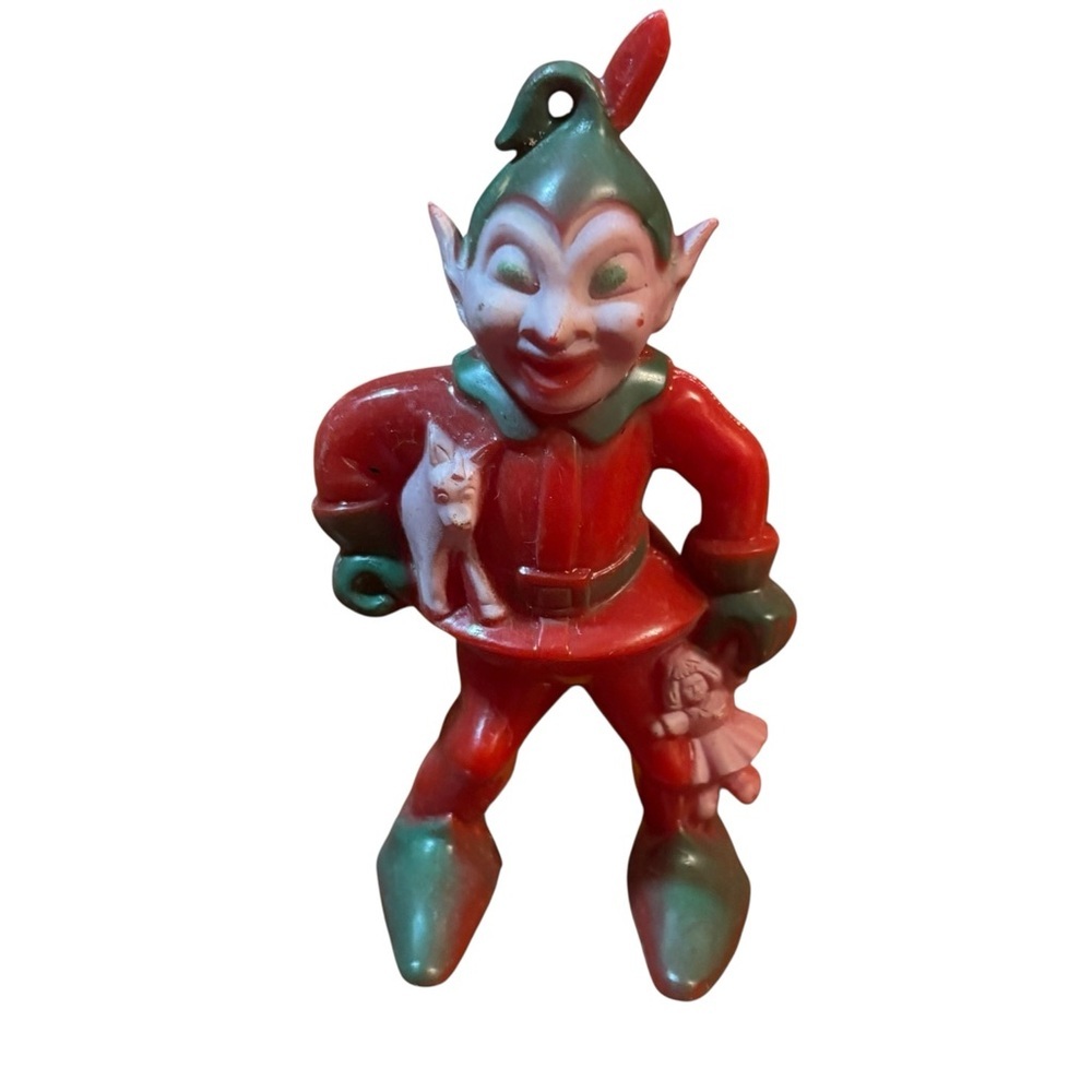 VTG 1940’S ROSBRO PLASTIC RED & GREEN PIXIE ELF ORNAMENT - Picture 9 of 10
